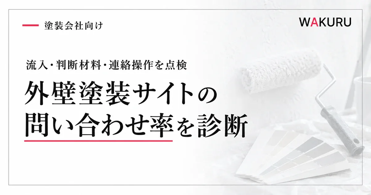 外壁塗装サイトの問い合わせ率を、流入、判断材料、連絡操作から診断する記事のアイキャッチ。