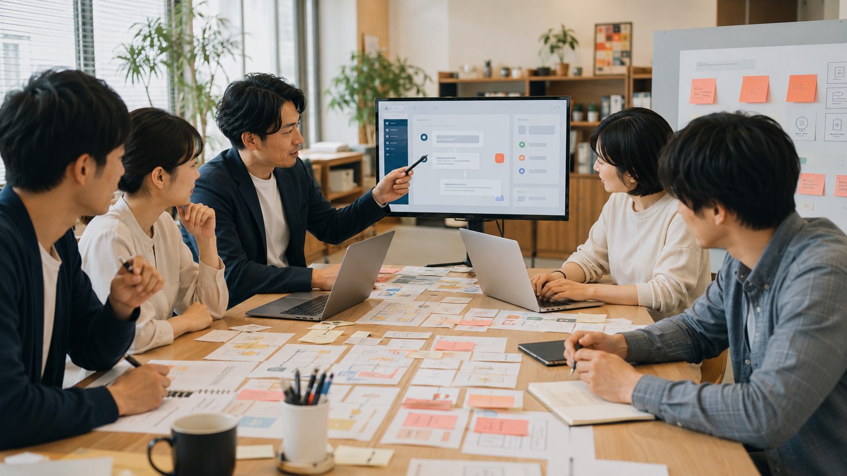 AI導入支援で、業務フローとAI活用テーマを整理しているイメージ