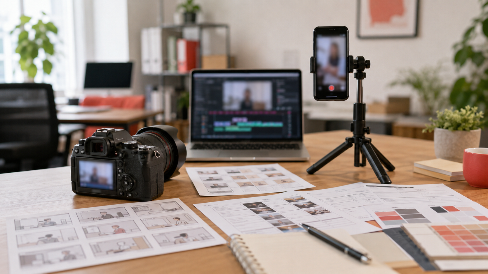 AI活用動画制作で、動画企画と投稿導線を設計しているイメージ