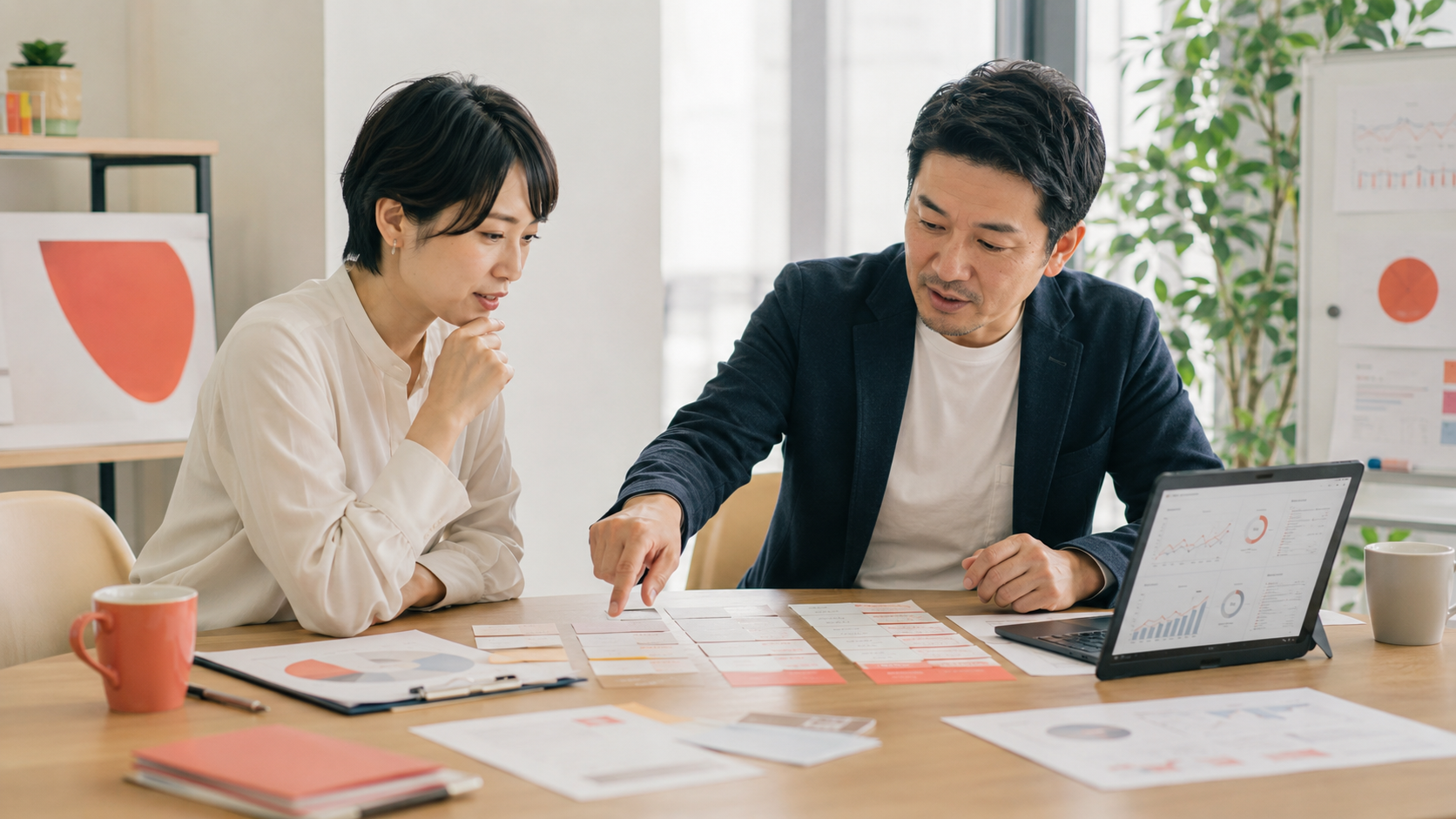 打ち合わせでWeb施策を整理するようす