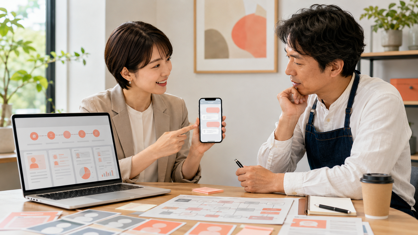 LINE構築 / 運用で、配信シナリオとリッチメニューを設計しているイメージ